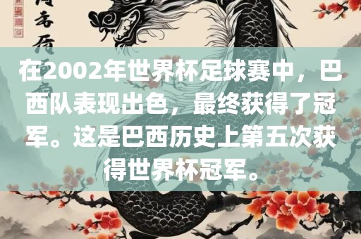 在2002年世界杯足球赛中，巴西队表现出色，最终获得了冠军。这是巴西历史上第五次获得世界杯冠军。金炬实业股份有限公司
