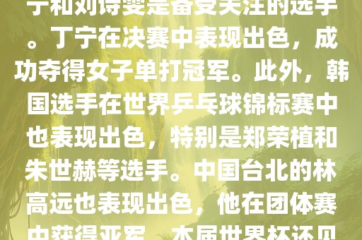 在男子单打项目中，马龙和张继科是夺冠热门选手。决赛中，马龙以较大的优势赢得了冠军，创造了他的个人世界杯最佳纪录。女子单打项目中，丁宁和刘诗雯是备受关注的选手。丁宁在决赛中表现出色，成功夺得女子单打冠军。此外，韩国选手在世界乒乓球锦标赛中也表现出色，特别是郑荣植和朱世赫等选手。中国台北的林高远也表现出色，他在团体赛中获得亚军。本届世界杯还见证了日本选手水谷隼的胜利，他在男子双打项目中表现出色。总的来说，本届乒乓球世界杯展现了各国选手的精湛技艺和激烈竞争。