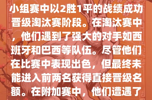 在2010年南非世界杯中，葡萄牙队的表现引人注目。他们在小组赛中以2胜1平的战绩成功晋级淘汰赛阶段。在淘汰赛中，他们遇到了强大的对手如西班牙和巴西等队伍。尽管他们在比赛中表现出色，但最终未能进入前两名获得直接晋级名额。在附加赛中，他们遭遇了实力强大的其他队伍，最终未能晋级世界杯决赛圈。