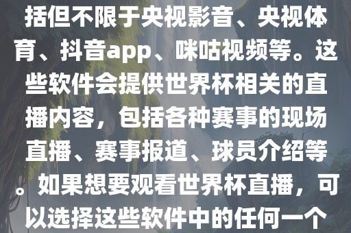直播世界杯的软件有很多，包括但不限于央视影音、央视体育、抖音app、咪咕视频等。这些软件会提供世界杯相关的直播内容，包括各种赛事的现场直播、赛事报道、球员介绍等。如果想要观看世界杯直播，可以选择这些软件中的任何一个。金炬实业股份有限公司