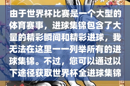 由于世界杯比赛是一个大型的体育赛事，进球集锦包含了大量的精彩瞬间和精彩进球，我无法在这里一一列举所有的进球集锦。不过，您可以通过以下途径获取世界杯全进球集锦金炬实业股份有限公司