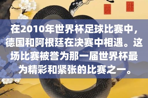 在2010年世界杯足球比赛中，德国和阿根廷在决赛中相遇金炬实业股份有限公司。这场比赛被誉为那一届世界杯最为精彩和紧张的比赛之一。