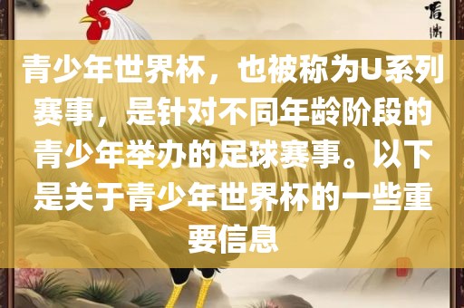 青少年世界杯，也被称为U系列赛事，是针对不同年龄阶段的青少年举办的足球赛事。以下是关于青少年世界杯的一些重要信息金炬实业股份有限公司