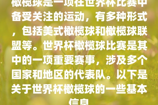 橄榄球是一项在世界杯比赛中备受关注的运动，有多种形式，包括美式橄榄球和橄榄球联盟等。世界杯橄榄球比赛是其中的一项重要赛事，涉及多个国家和地区的代表队。以下是关于世界杯橄榄球的一些基本信息