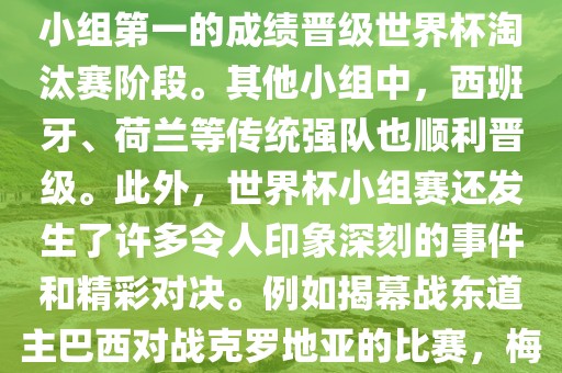 在小组赛中，东道主巴西队与克罗地亚队、墨西哥队和喀麦隆队同组。最终，巴西以排名小组第一的成绩晋级世界杯淘汰赛阶段。其他小组中，西班牙、荷兰等传统强队也顺利晋级。此外，世界杯小组赛还发生了许多令人印象深刻的事件和精彩对决。例如揭幕战东道主巴西对战克罗地亚的比赛，梅西的绝妙任意球破门等。这些精彩瞬间都成为了世界杯历史上的经典记忆。金炬实业股份有限公司