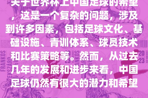 关于世界杯上中国足球的希望，这是一个复杂的问题，涉及到许多因素，包括足球文化、基础设施、青训体系、球员技术和比赛策略等。然而，从过去几年的发展和进步来看，中国足球仍然有很大的潜力和希望。金炬实业股份有限公司