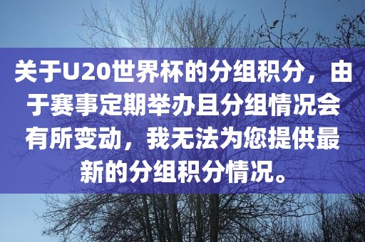 关于U20世界杯的分组积分，由于赛事定期举办且分组情况会有所变动，我无法为您提供最新的分组积分情况。