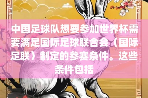 中国足球队想要参加世界杯需要满足国际足球联合会（国际足联）制定的参赛条件。这些条件包括