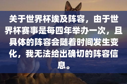 关于世界杯埃及阵容，由于世界杯赛事是每四年举办一次，且具体的阵容会随着时间发生变化，我无法给出确切的阵容信息。金炬实业股份有限公司